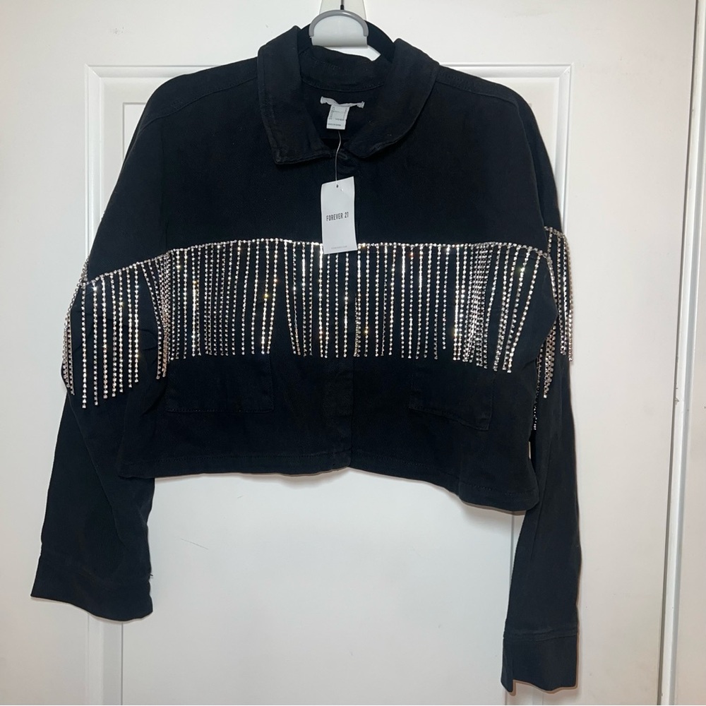 Forever 21 Rhinestone Fringe Trucker Jacket Size L